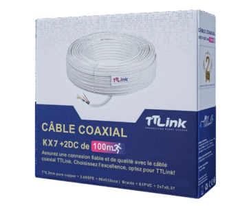 Câble Coaxial TT-LINK RG59+2DC 100M – Transmission Vidéo et Alimentation Intégrées